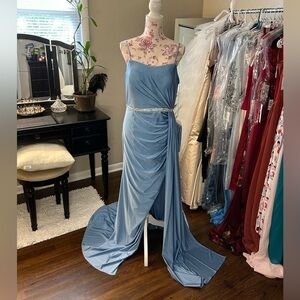 💎Stunning Dancing Queen Gown Blue Side Drape Slit Corset Evening Formal XL 12